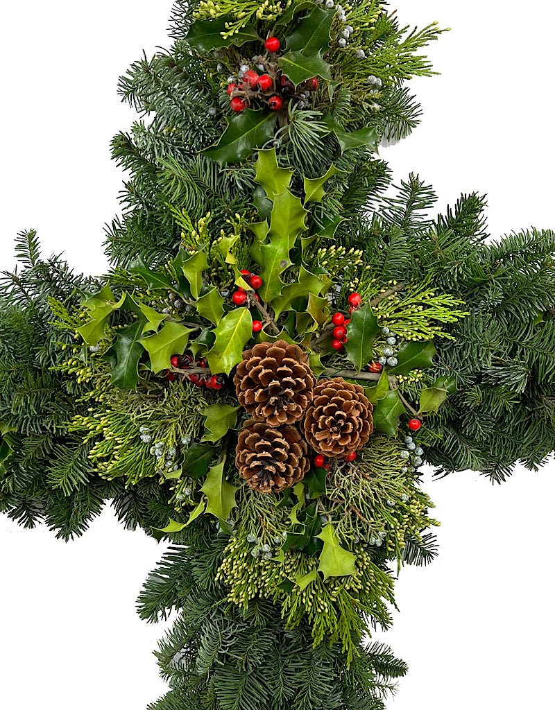 Holiday Greenery Wreath Cross 34 Inch - The Garden Corner