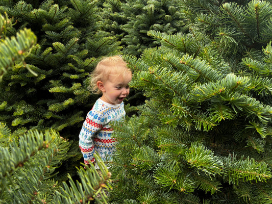 child running through christmas tree field