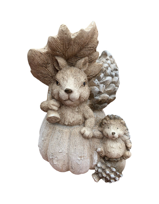 Resin Squirrel in Pumpkin with Hedgehog