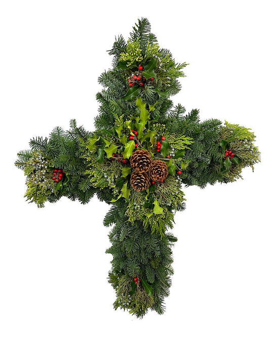 Holiday Greenery Wreath Cross 34 Inch - The Garden Corner