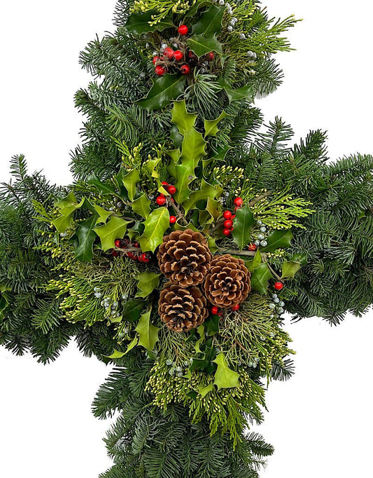 Holiday Greenery Wreath Cross 34 Inch - The Garden Corner